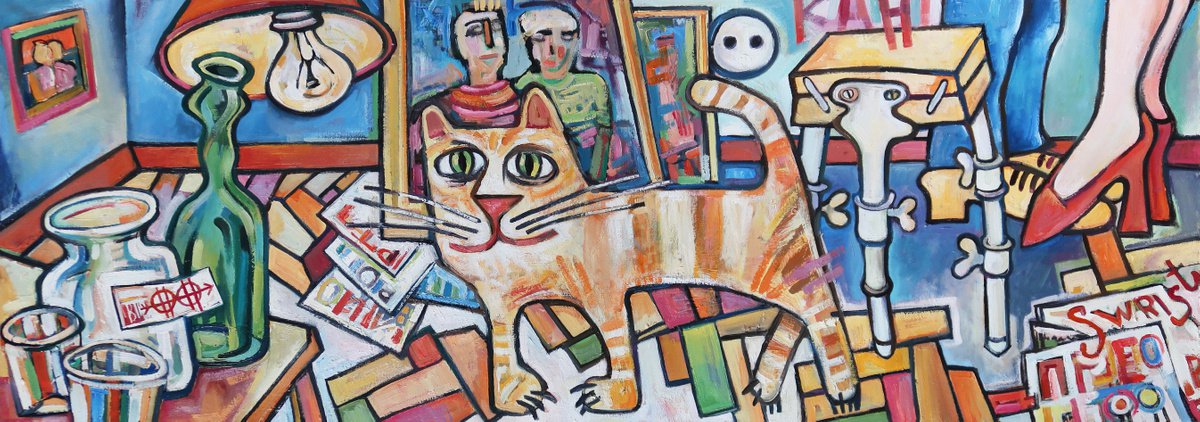 Expressive Abstract Oil Painting By Nikifor Swiristuhin, 55 X 20", In An Art Studio., Original Artwork