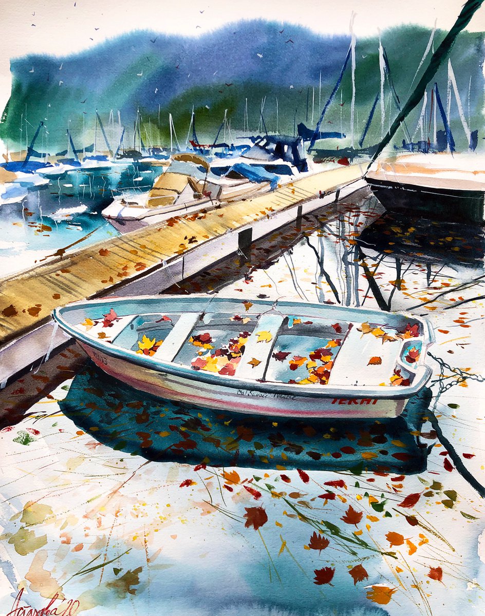 Impressionistic Landscape Watercolour By Ksenia Astakhova, 20 X 26", Automne Sur Lac Leman, Original Artwork