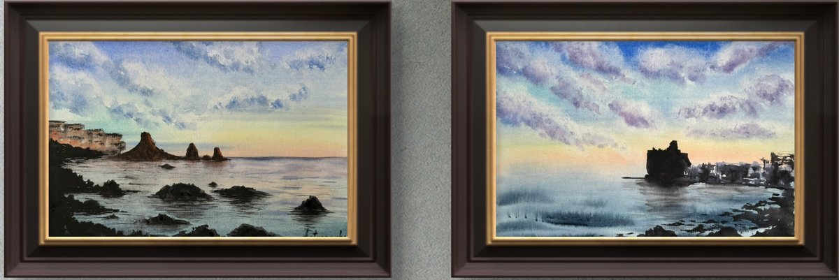 Impressionistic Watercolour , Diptych Tramonto In Sicilia By Yuliia Sharapova, 20 X 31, Artwork For Sale On Artfinder