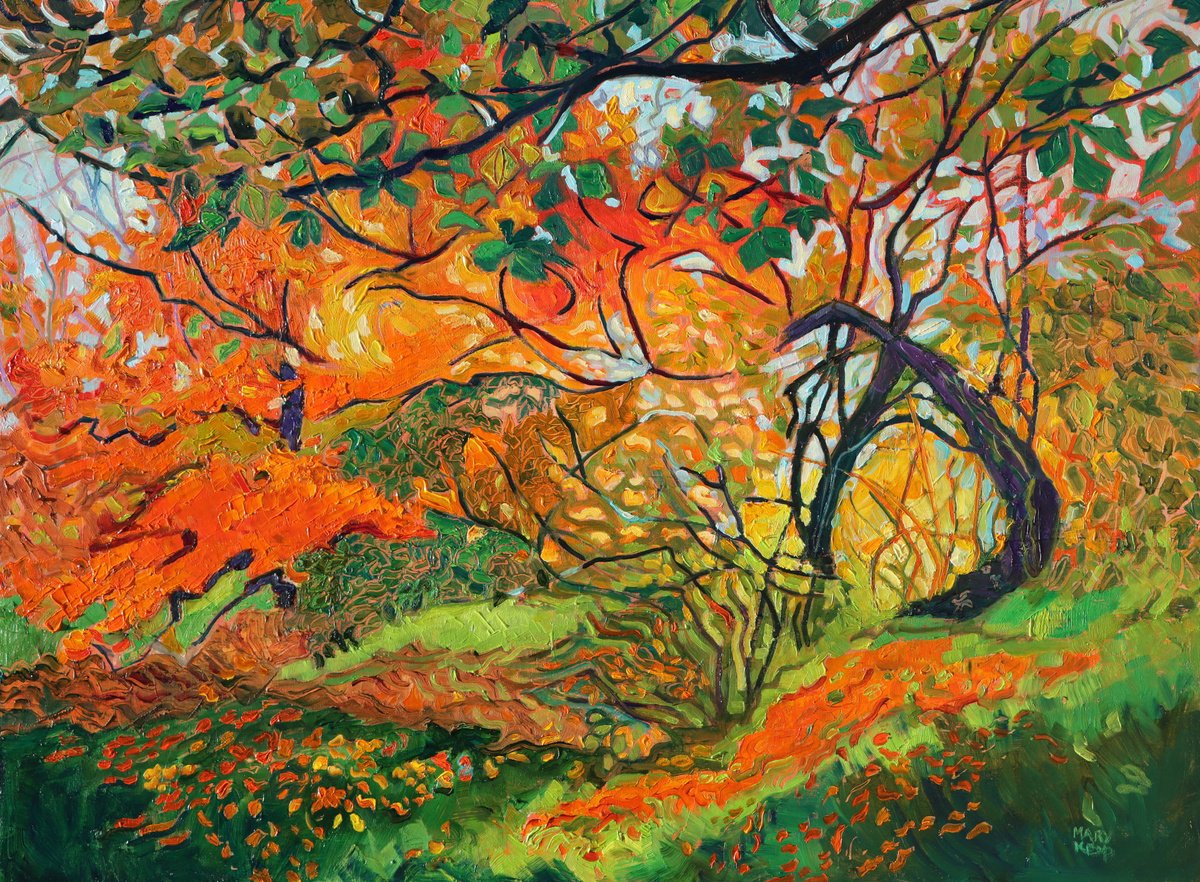 Impressionistic Landscape Oil Painting By Mary Kemp, 27 X 21", Timeless Autumn Hideaway, Original Artwork