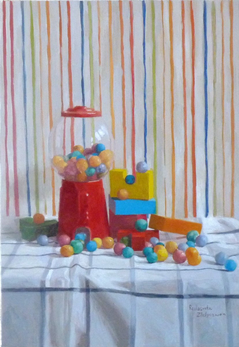 Impressionistic Still Life Oil Painting By Radosveta Zhelyazkova, 14 X 20", Gumball Machine, Original Artwork