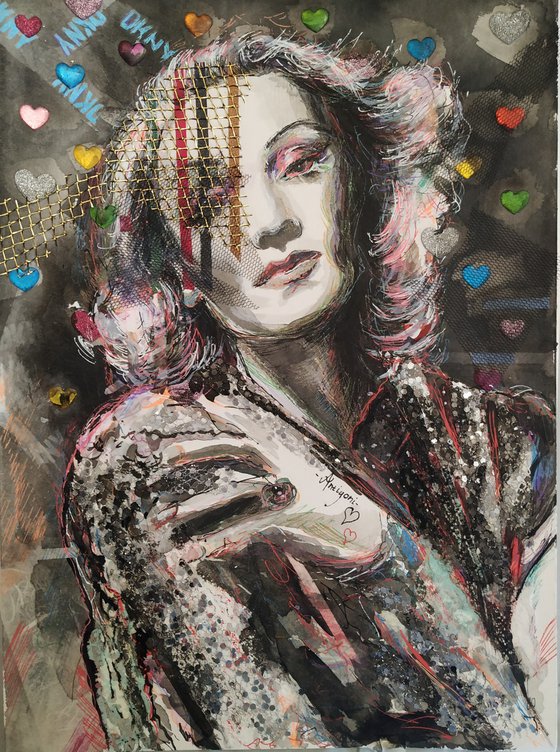 Marlene Dietrich - Portrait mixed media drawing on paper