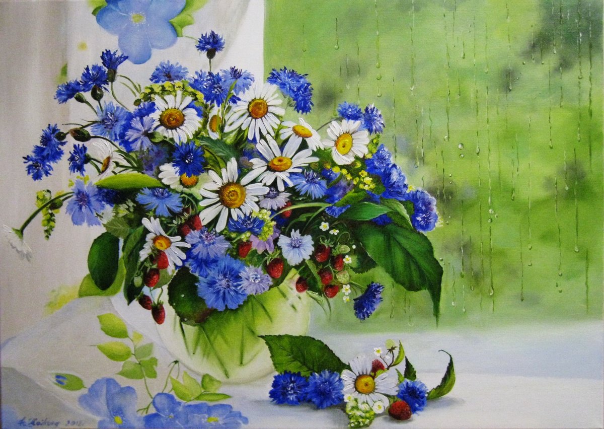 Photorealistic Oil Painting , Rainy Window: Flowers Bouquet By Natalia Shaykina, 28 X 20, Artwork For Sale On Artfinder