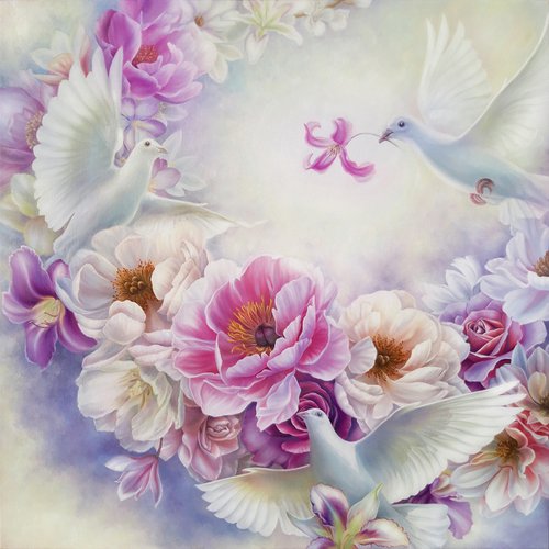 "Floral dance", flowers with birds by Anna Steshenko