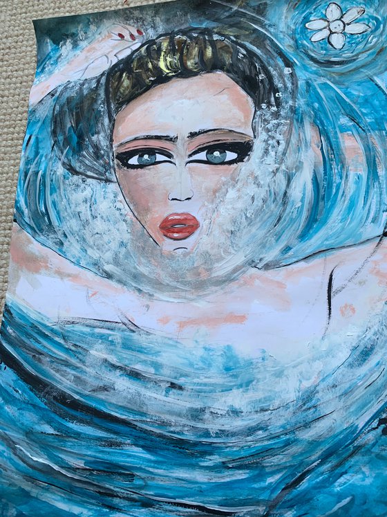 Face Underwater Painting in Acrylic on Canvas Hyperrealism Ocean Paintings Swimming in Water