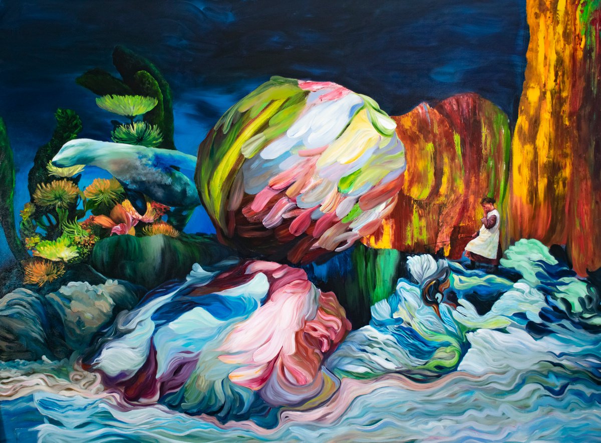 Surrealistic Landscape Oil Painting By Dan Laurentiu Arcus, 79 X 59, Fishing On The Edge Of Time, Original Artwork