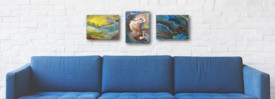 "Waterworks" - FREE USA SHIPPING - Original Triptych, Abstract PMS Acrylic Paintings Series - 33" x 12"