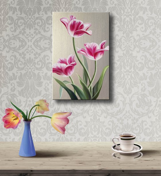 "Tulips", small floral painting, flowers art on pearl background