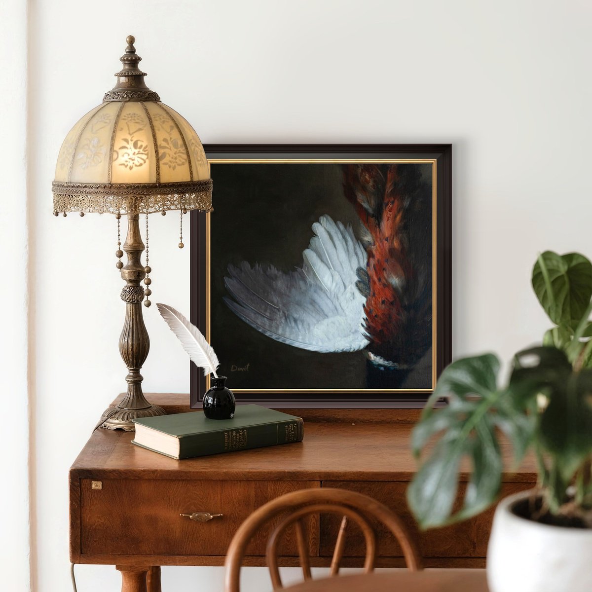 Photorealistic Still Life Oil Painting By Davit Davtyan, 16 X 16, Pheasant Wing, Original Artwork