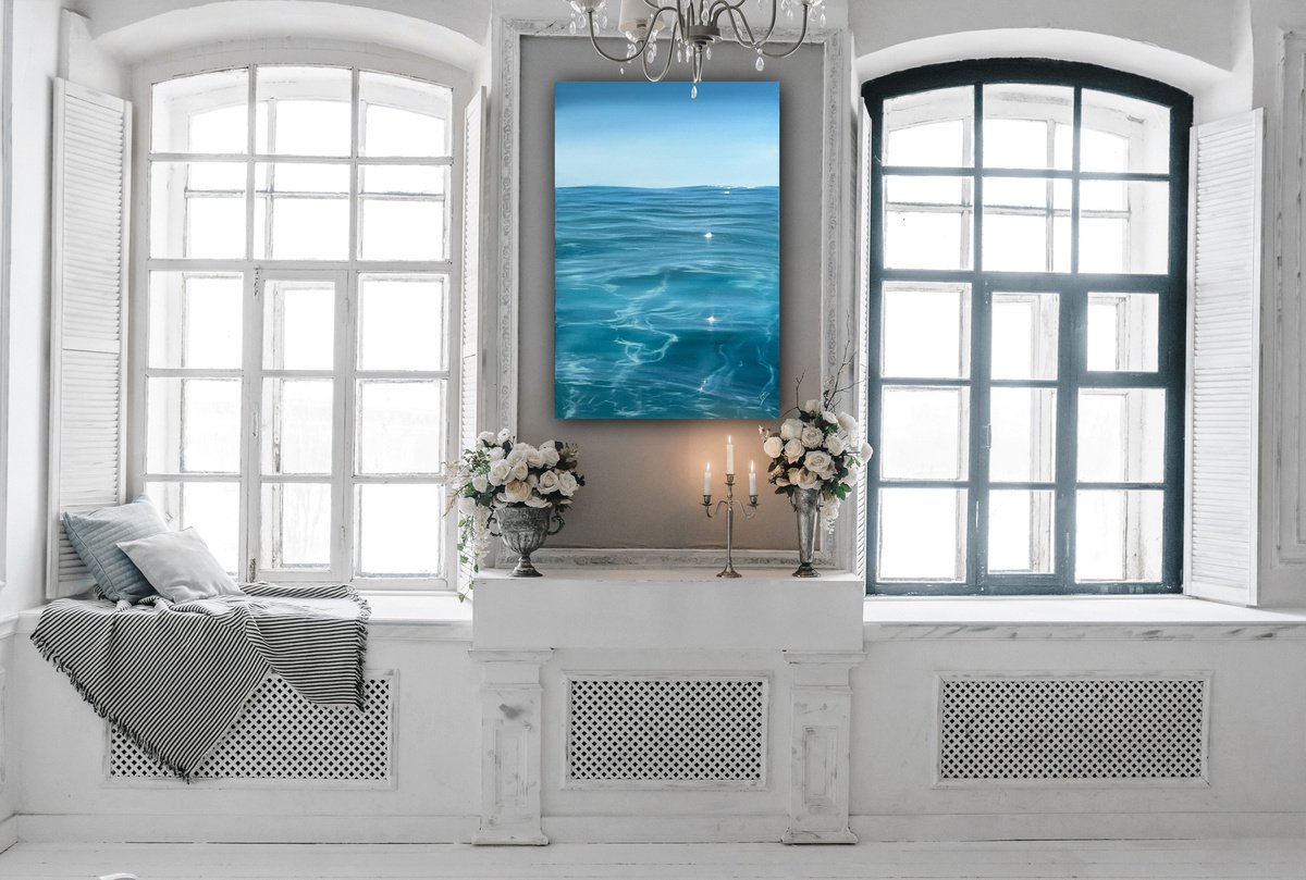 Photorealistic Landscape Oil Painting By Eva Volf, 24 X 36, Ocean And Sunlight, Original Artwork