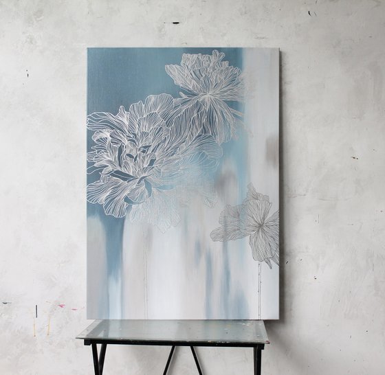 "Silver Thinness 2" Floral blue silver art