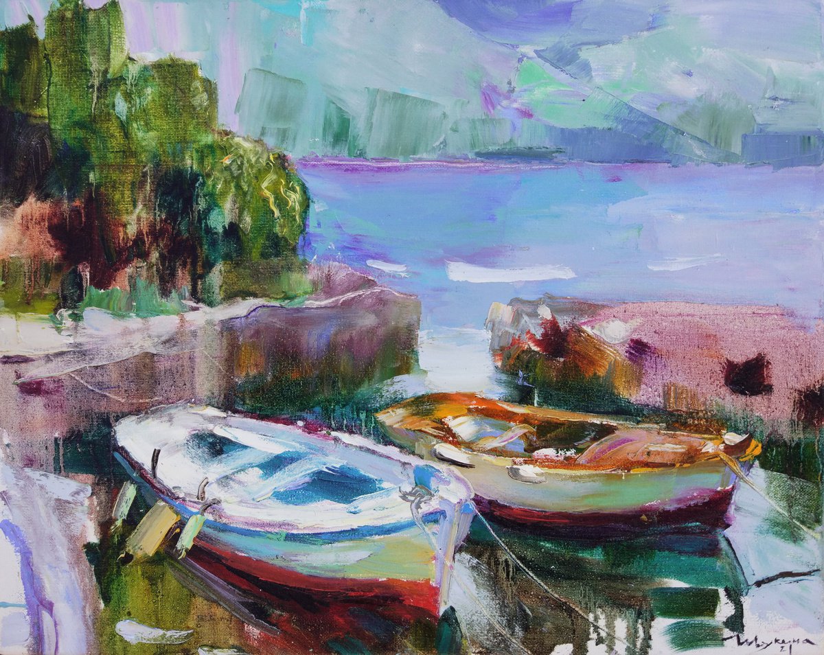 Boats. Morning in Montenegro. Original oil painting by Helen Shukina