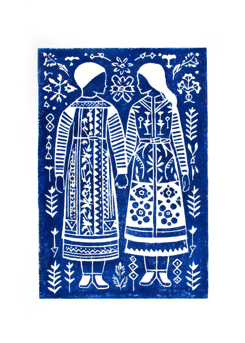 Graphic Portrait Linocut By Kosta Morr, 12 X 17", Friendship Blue, Original Artwork