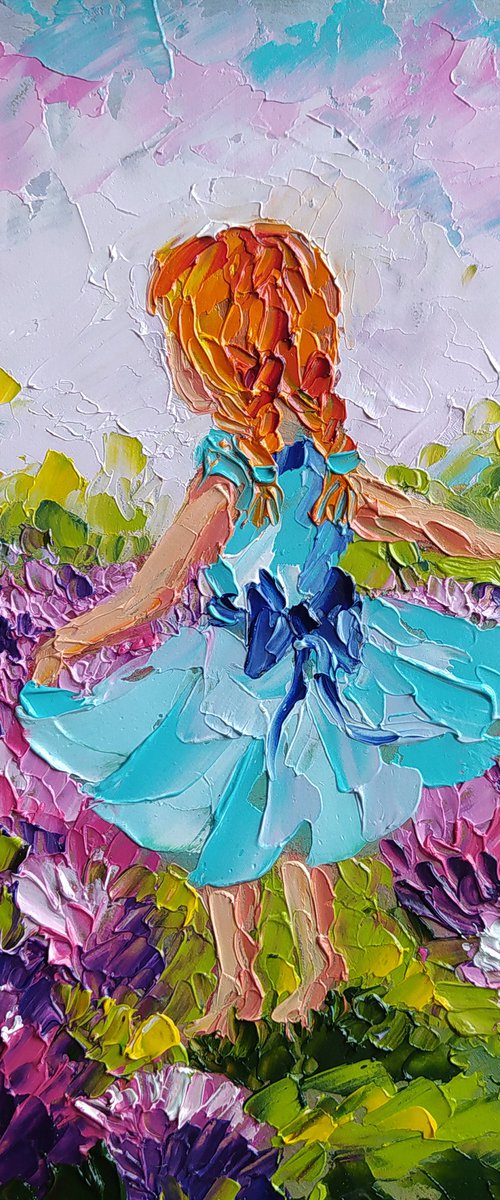 Redhead in lavender -  oil painting, child, lavender, childhood, girl, children, lavender field by Anastasia Kozorez