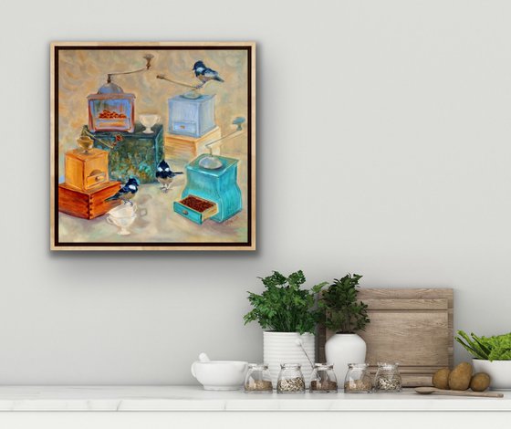 Still life oil painting - Coffee grinders and birds - Square canvas - Kitchen wall art