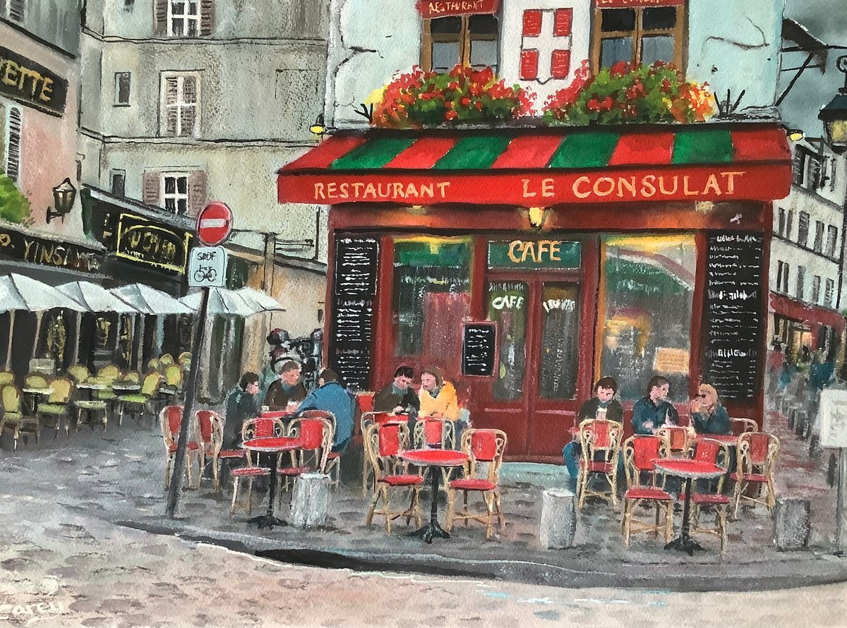 Impressionistic Cityscapes Watercolour By Darren Carey, 15 X 11, French Cafe Le Consulat, Original Artwork