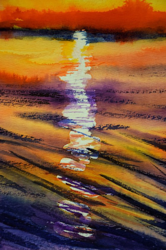 Sunset seascape original watercolor painting, coastal home decor