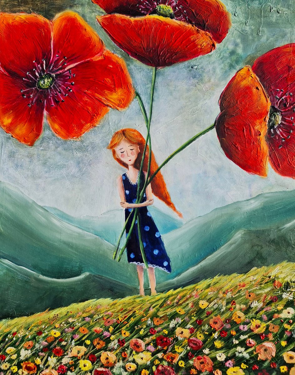 Surrealistic Portrait Painting By Evgenia Smirnova, 16 X 20, Keeper Of The Giant Poppies, Original Artwork