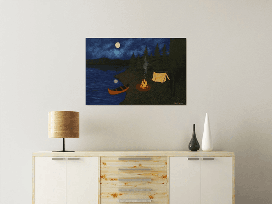 Under the Moonlight - nightscape campfire painting; home, office decor; gift ideas