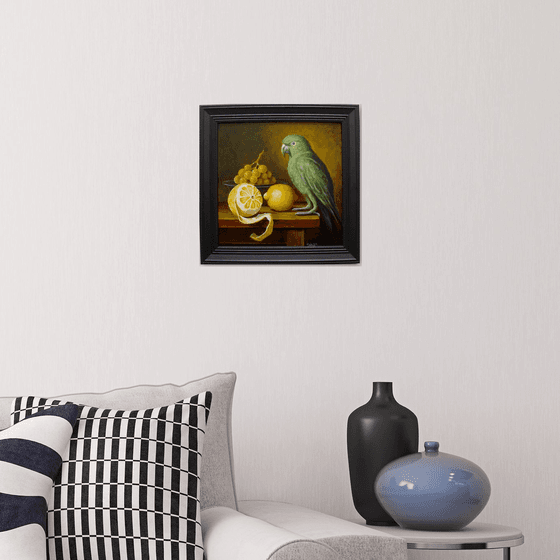 Peeled lemon with parrot