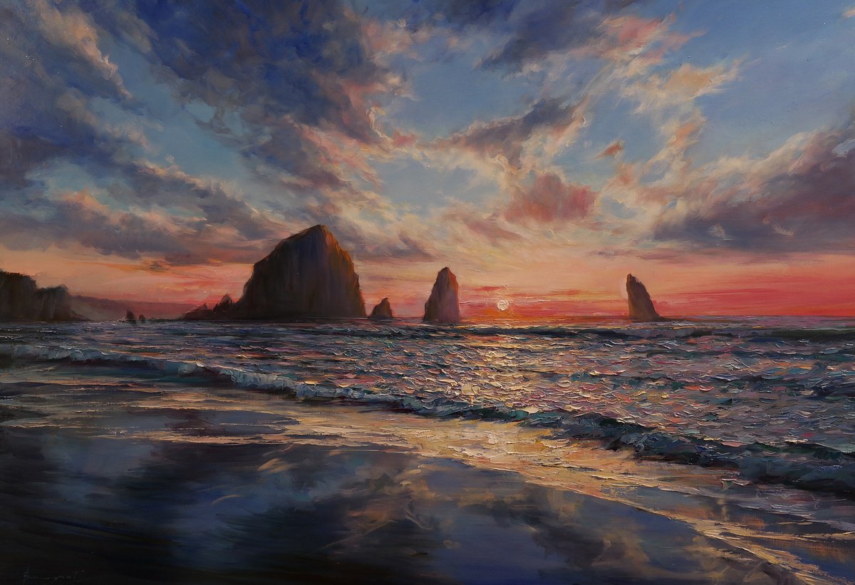 Impressionistic Landscape Oil Painting By Gennady Vylusk, 39 X 28, Sunset On The Coast, Original Artwork