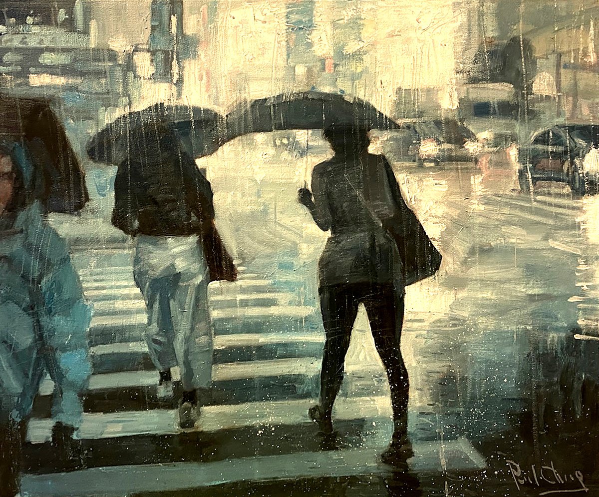 Impressionistic Portrait Oil Painting By Paul Cheng, 24 X 20", New York Rain Day-X, Original Artwork