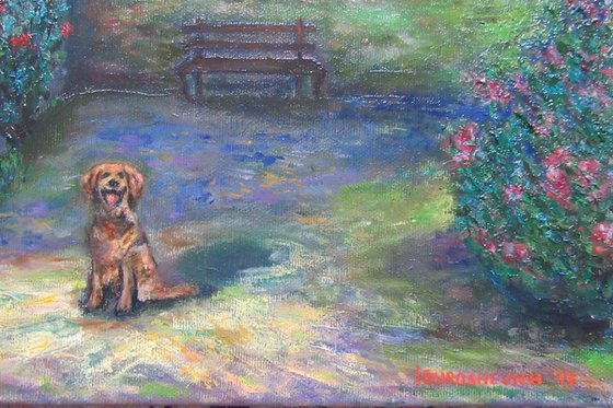 A Walk in a Shady Italian Garden of a Victorian Lady with a Dog Pet Impressionism Monet Classical Scene House Park Trees Garden Original Oil Art Bench Umbrella Villa Stairs