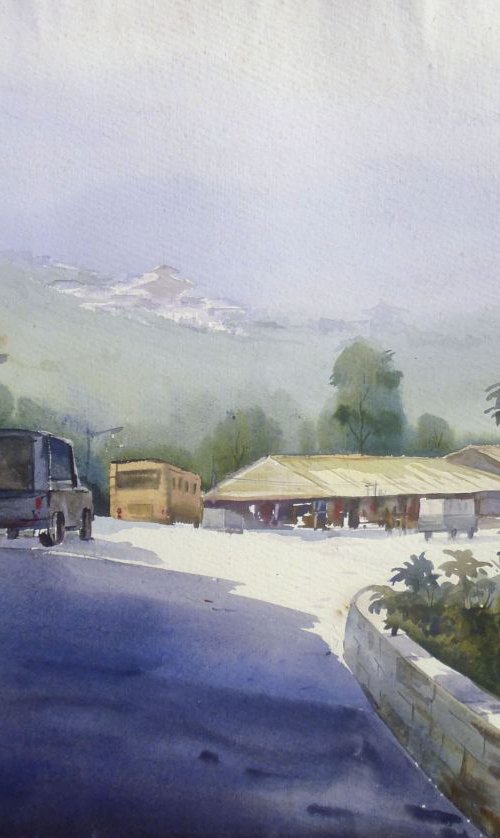 Morning Light on Mountain Path-Watercolor on paper by Samiran Sarkar