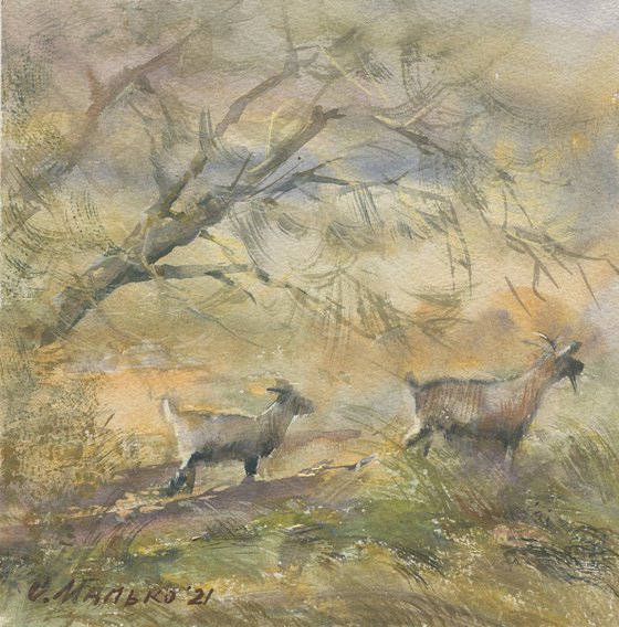 November. Goats on pasture / Fall landscape Autumn watercolor Plein air art work
