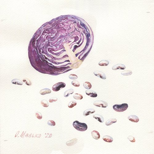 Veggies 7 Red cabbage and beans / Original kitchen watercolor Purple vegetables on a white background by Olha Malko