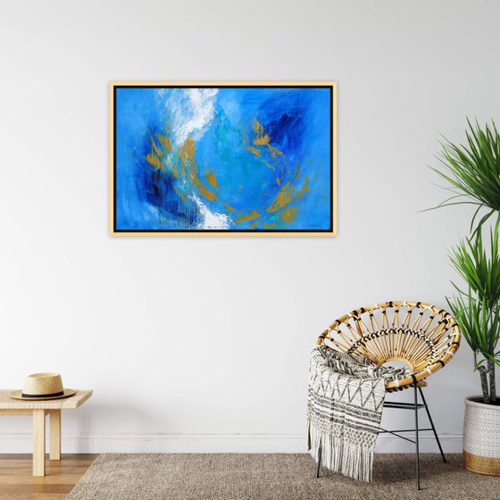 Large Blue Abstract Seascape Painting. Ocean Waves. Navy, Gold, Turquoise, Teal, White Bold Modern Art with Brush Strokes Texture