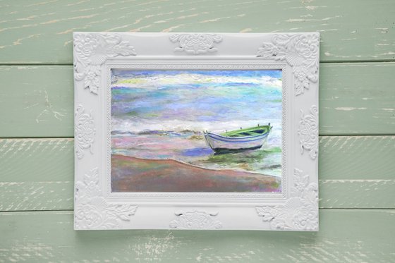 A day on a seacoast Small Marine Seascape Ocean Waterfall Boat Oil Artwork Seapainting Harbour
