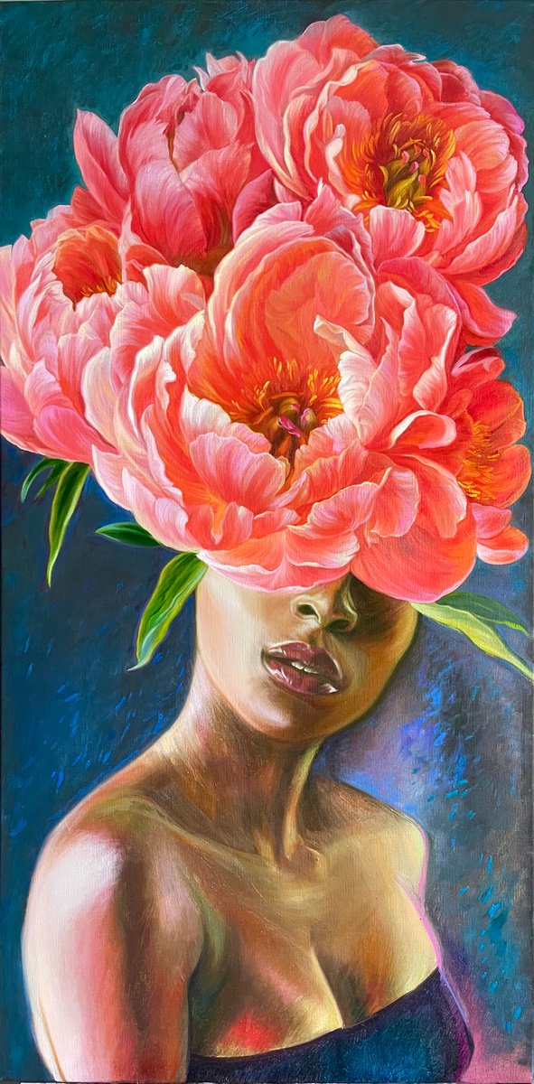 Portrait with red peonies by Elena