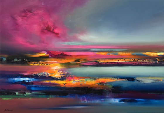Lover’s Land - 70 x 100 cm abstract landscape oil painting in pink and blue