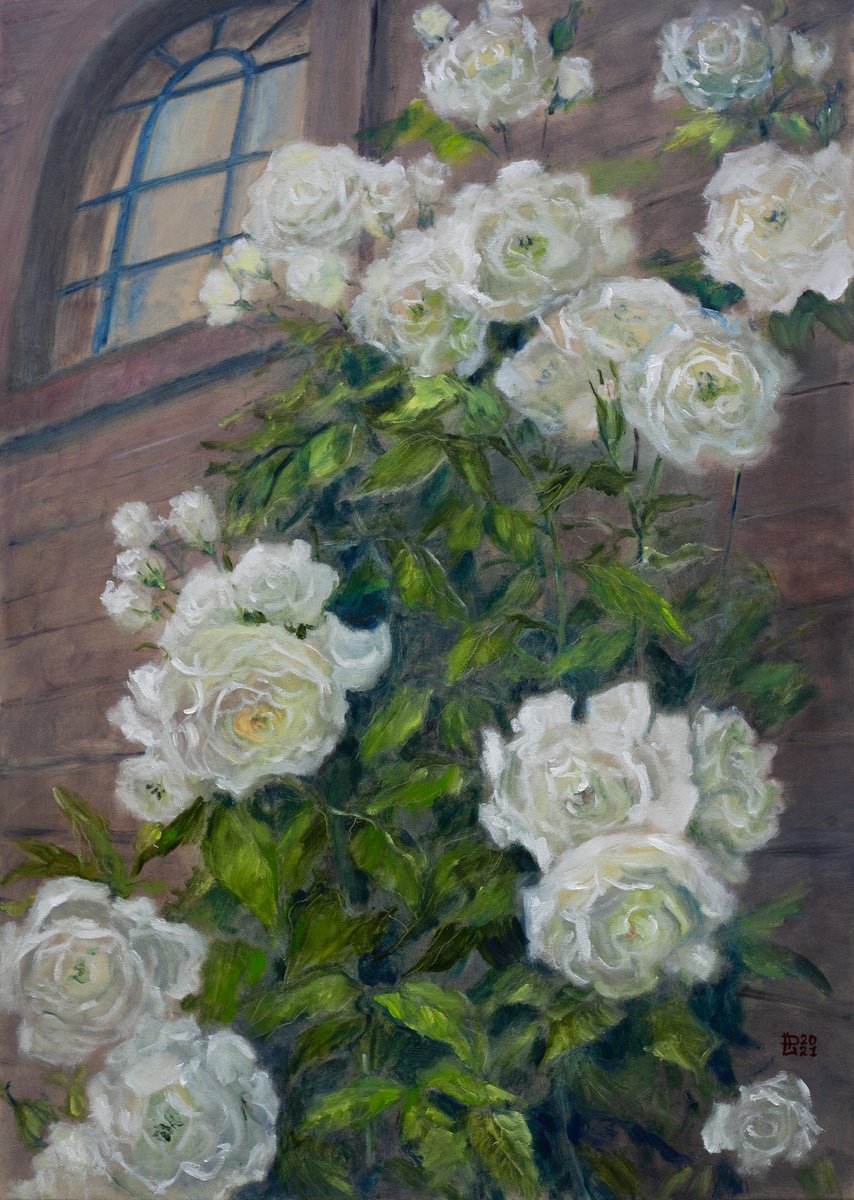 Impressionistic Botanical Oil Painting By Liudmila Pisliakova, 20 X 28", White Night Roses, Original Artwork