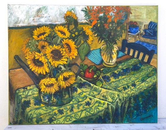 Sunflowers and French Tablecloth still Life, large,