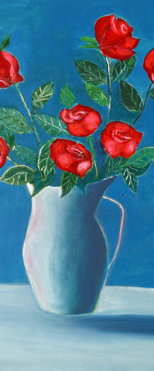 Red Roses in a Blue Vase by Teodora Totorean