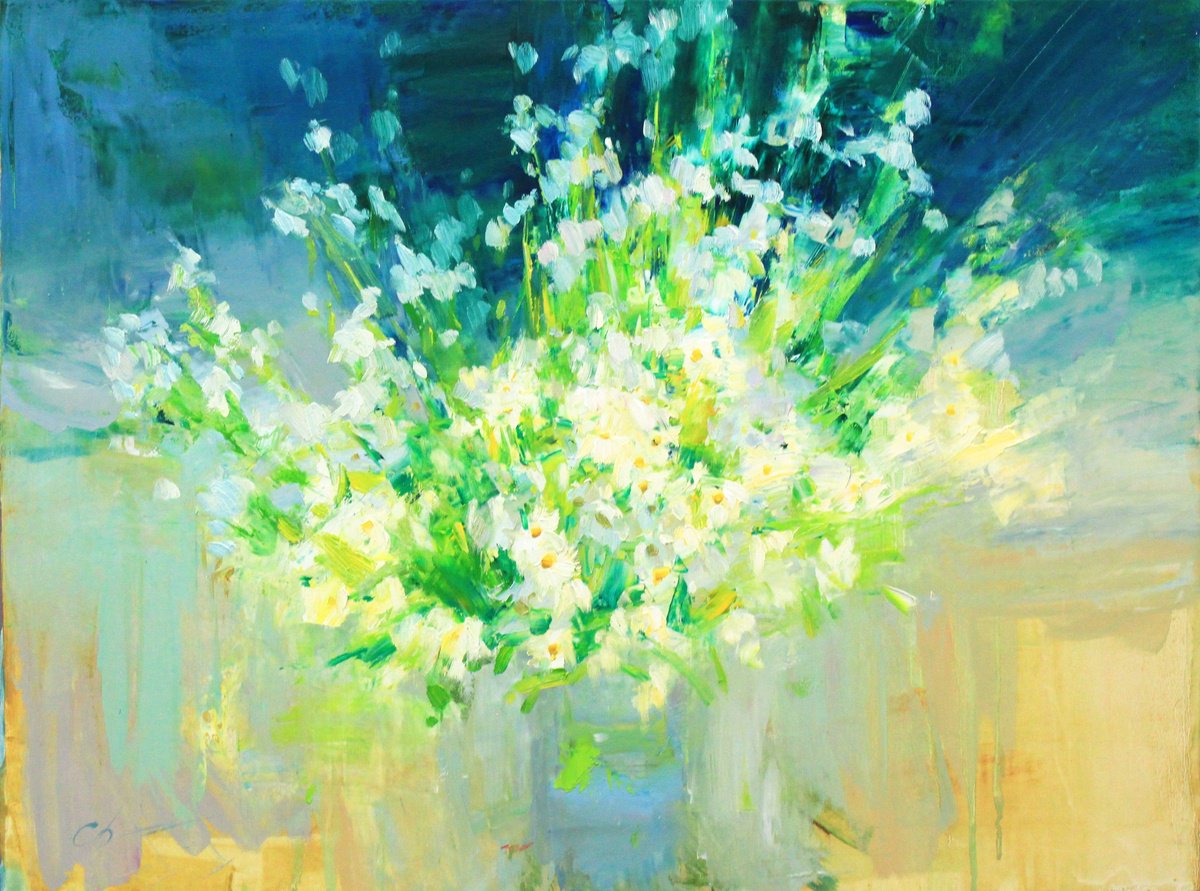 Impressionistic Landscape Oil Painting By Serhii Cherniakovskyi, 31 X 24", Bouquet Of Chamomiles, Original Artwork