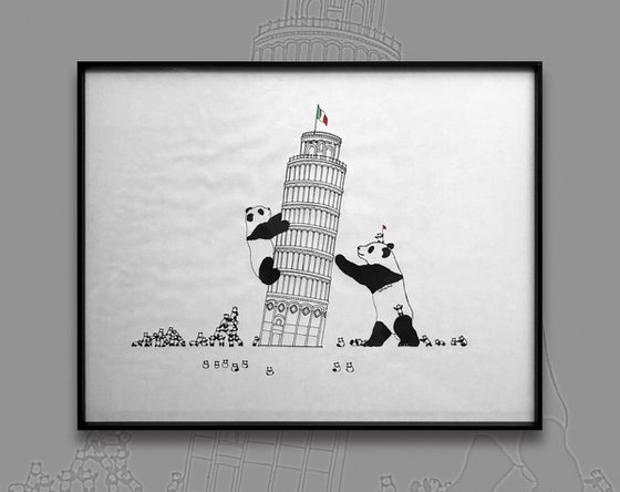 contemporary black and white landscape - line style european tower - tourists and animal pandas - Italy ( Original )