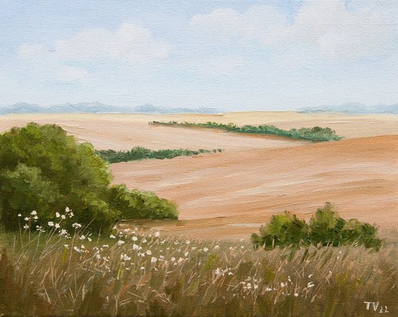 Summer Nature. Oil Painting. Canvas. Fields. Green Trees. Artwork 8 x 10