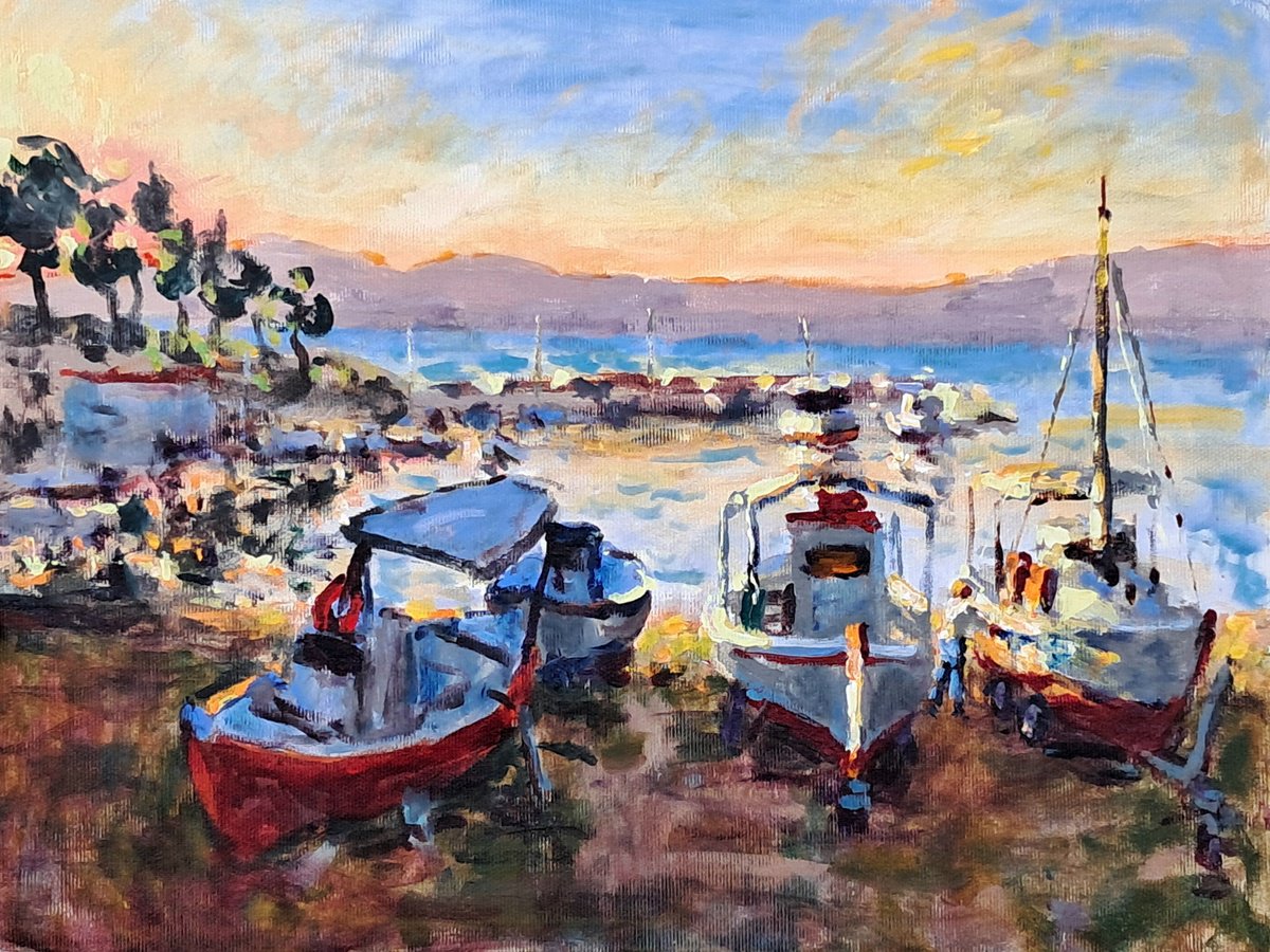  Boats In The Sunset. By Dimitris Voyiazoglou, 20 X 17, Artwork For Sale On Artfinder