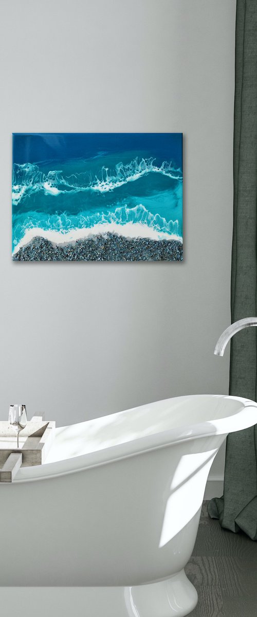 Blue shell beach - original seascape epoxy resin artwork by Delnara El