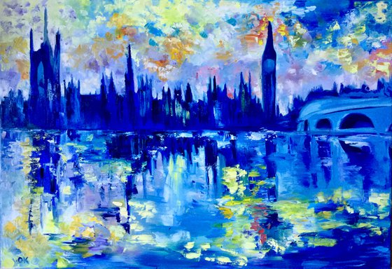 Sunset  in London. Big Ben. House of Parliament. 81x56cm LARGE OIL PAINTING
