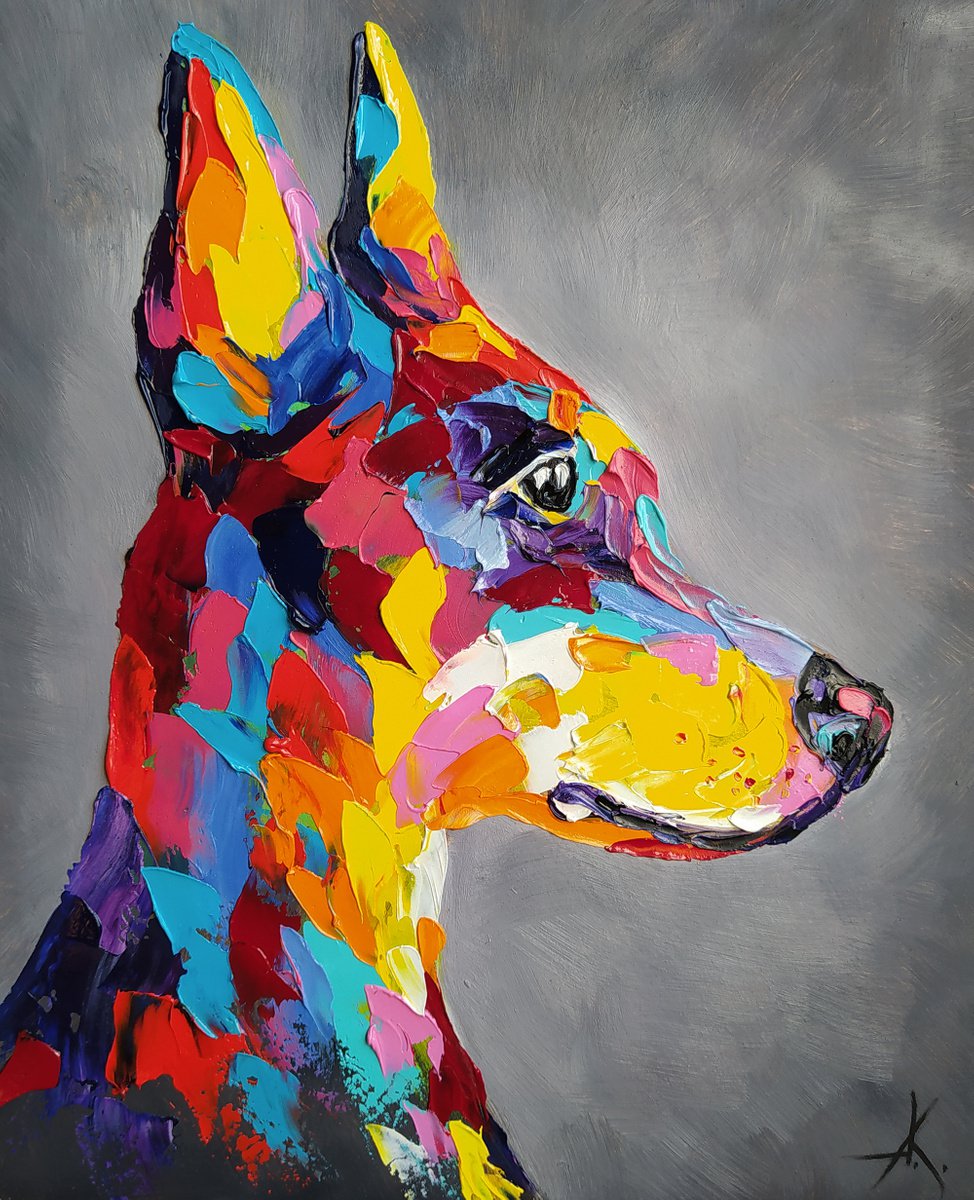 Doberman - funny pet, dog, doberman pinscher, dogs, doberman face, pet oil painting, dog by Anastasia Kozorez