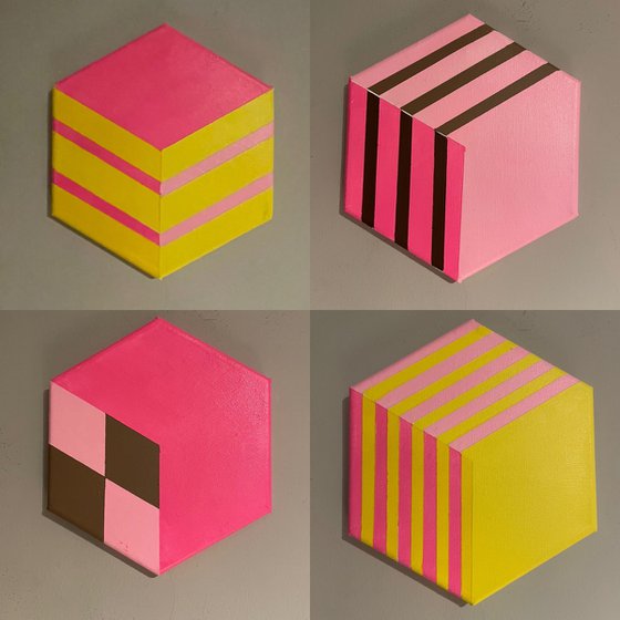 4 xOriginal Modern Abstract Geometric Op Art Framed Hexagon Shaped Canvas Painting