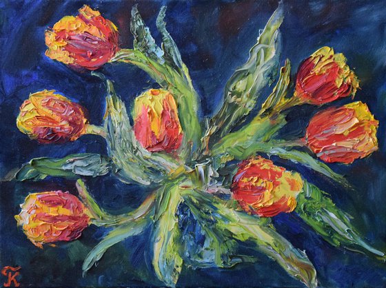 Oil original painting on canvas Flowers tulips