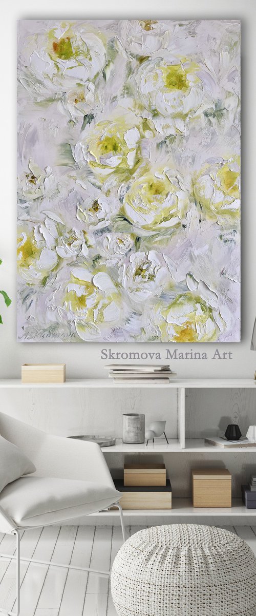 Yellow texture peony painting. White peonies art. by Marina Skromova