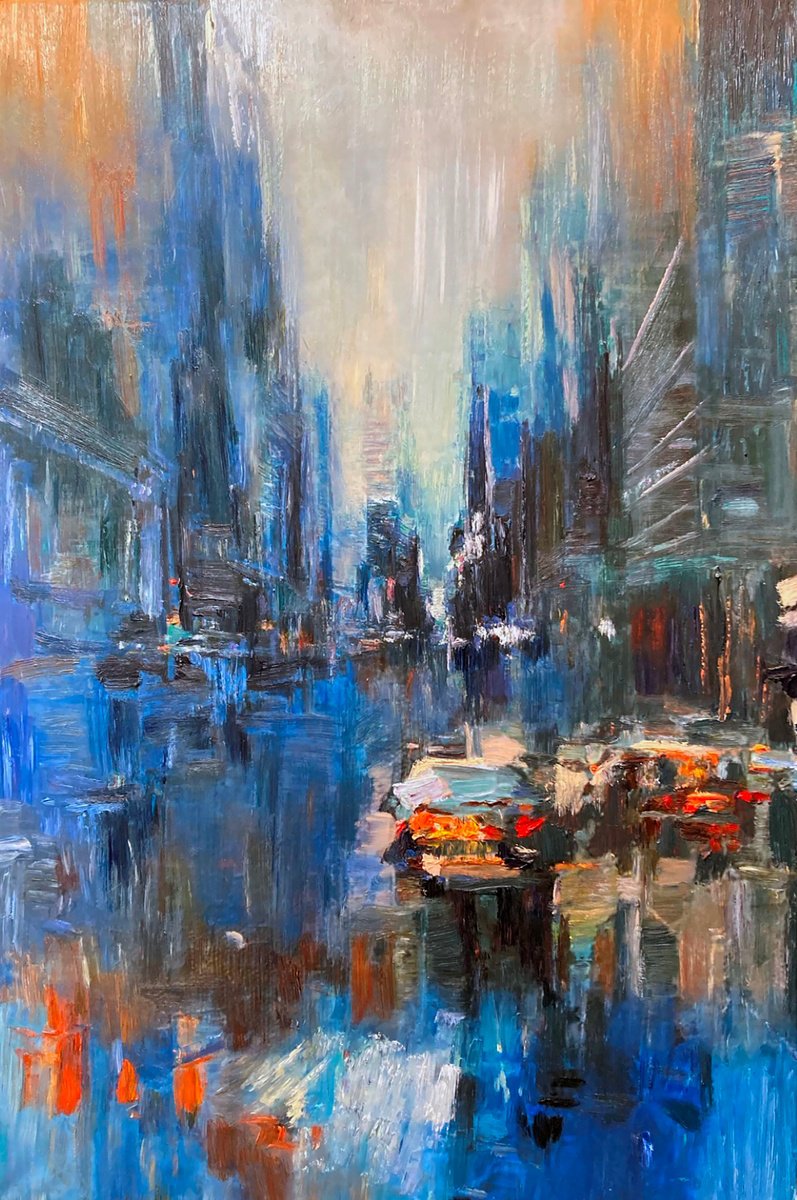 Impressionistic Cityscapes Oil Painting By Kenneth Halvorsen, 26 X 38", Rush Hour, Original Artwork