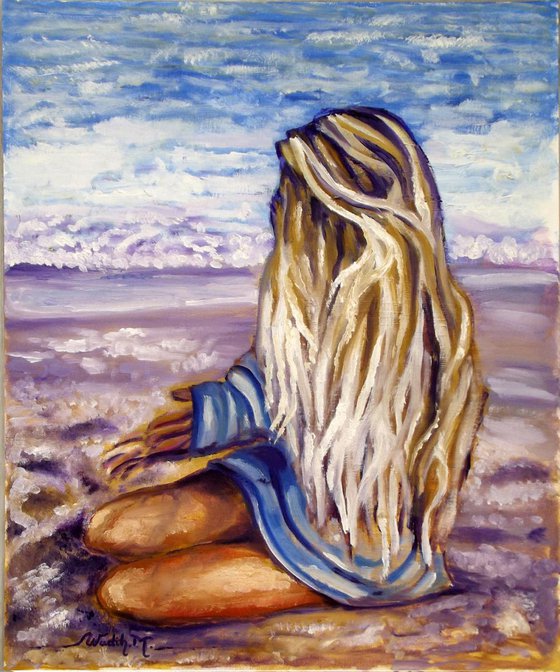 SEASIDE GIRL - Sitting at the Seaside - Oil painting (38x46cm)