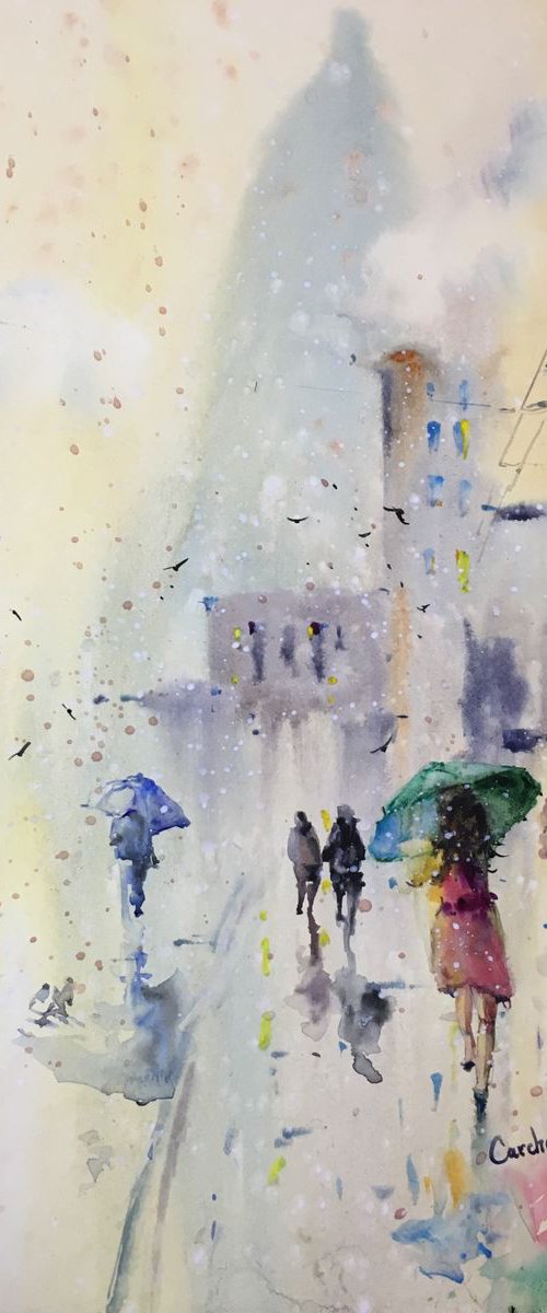 Watercolor "Walking through the rain” by Iulia Carchelan